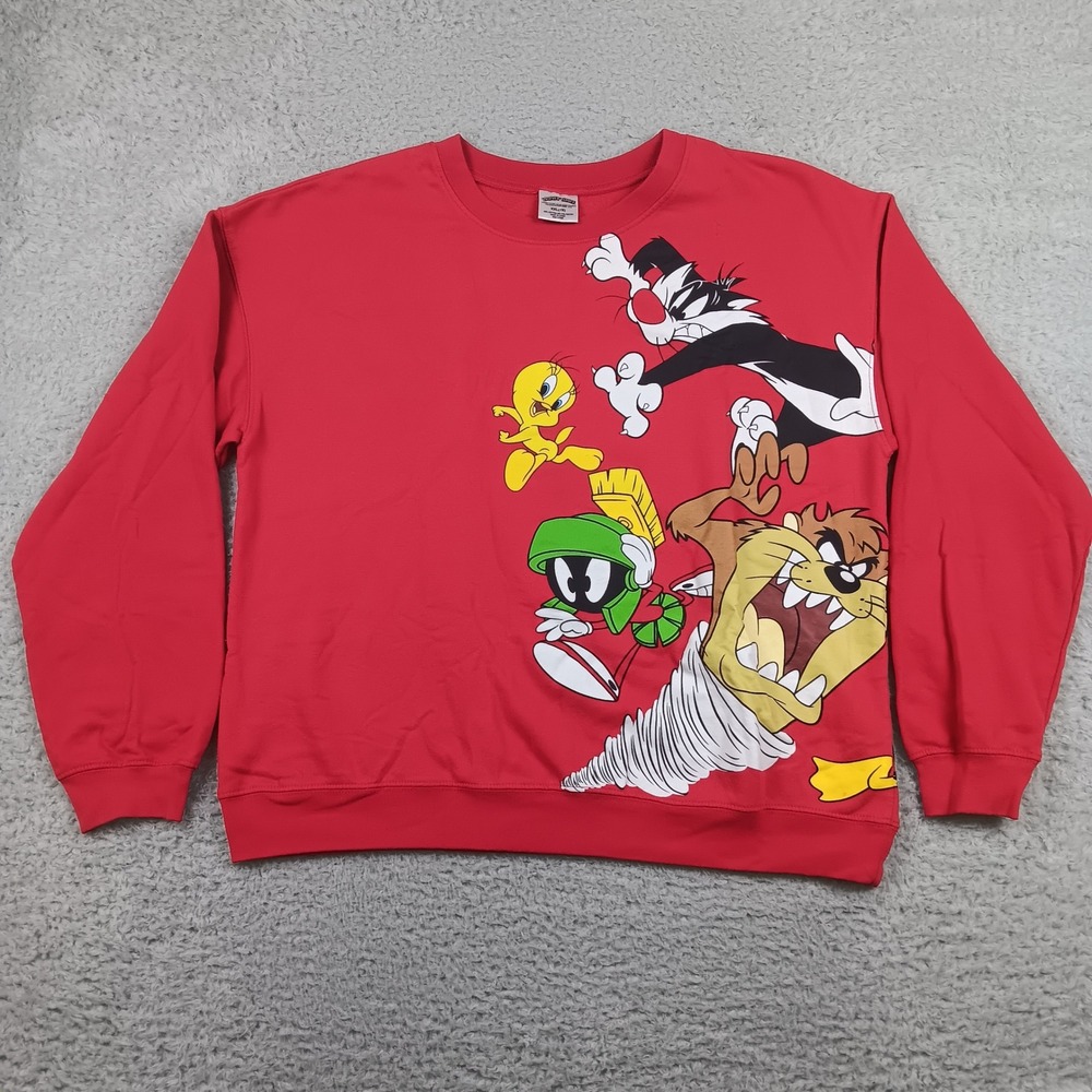 Looney Tunes Sweatshirt Men XXL Red Graphic Bugs Bunny Taz Pullover RN117508